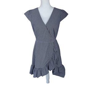 J. Crew Navy Blue White Gingham Poplin Faux Wrap Ruffle Mini Dress Women's 6